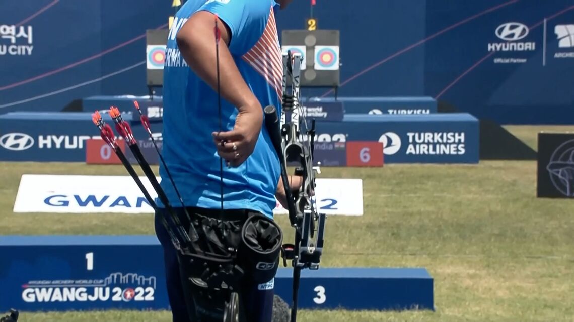 He’s already on the line, loading his bow, while the clock is still red.