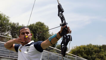 Danny Quintero shoots at the practice field in Medellin, Colombia.