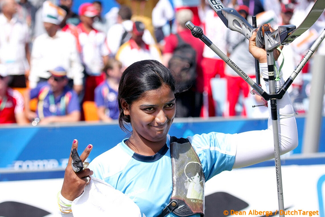 Deepika Kumari celebrates winning the Delhi 2010 Commonwealth Games.