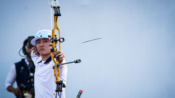 Kim Jongho shoots at the 2021 Asian Championships in Dhaka, Bangladesh.