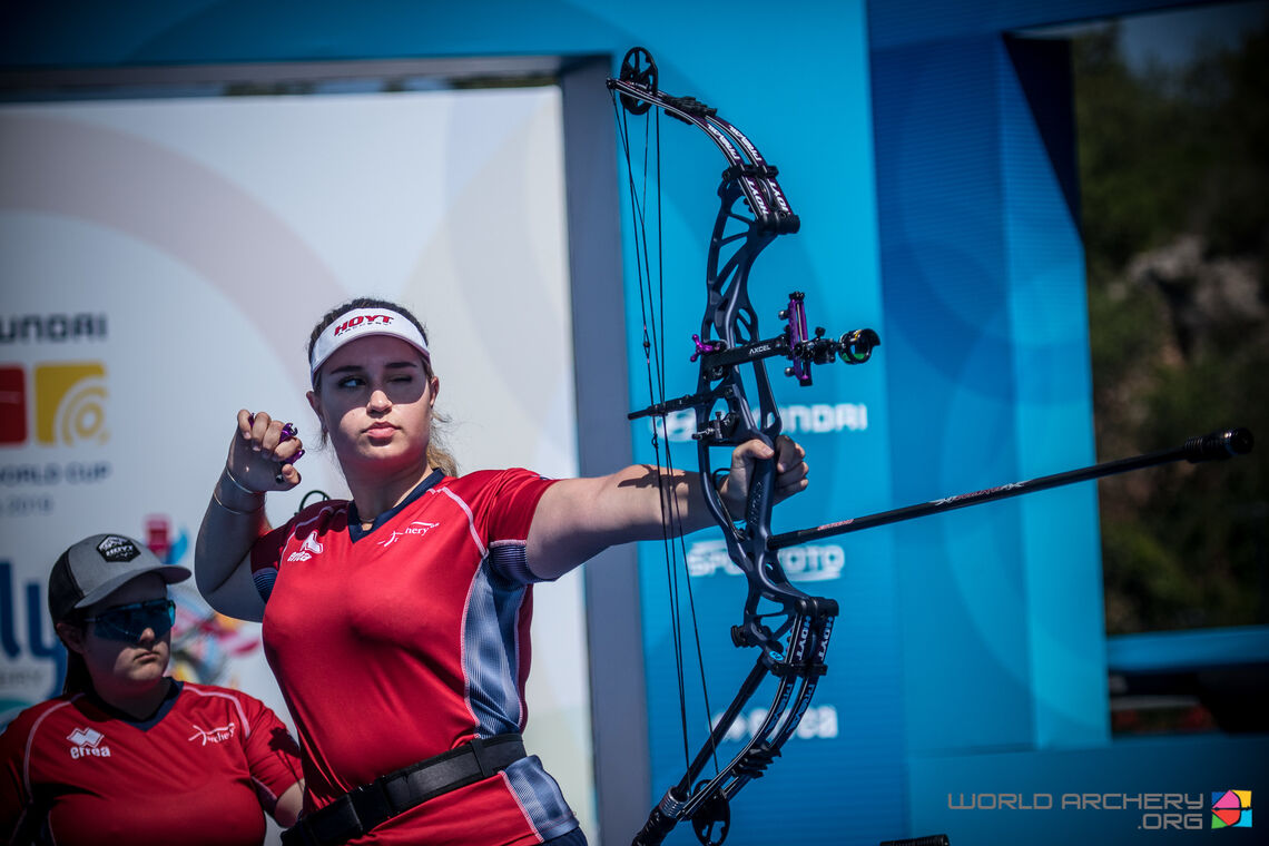 Ella Gibson shoots at stage three of the 2019 Hyundai Archery World Cup in Antalya. 