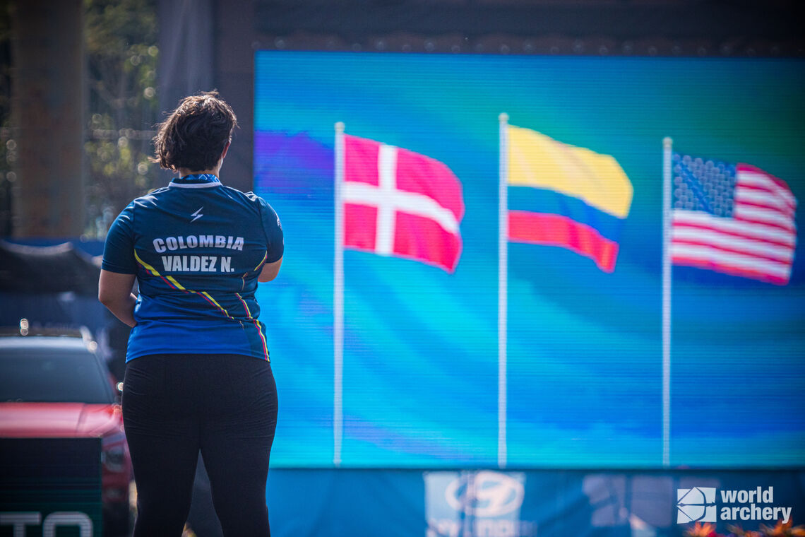 Nora Valdez celebrates her victory at stage one of the Hyundai Archery World Cup in Guatemala City.