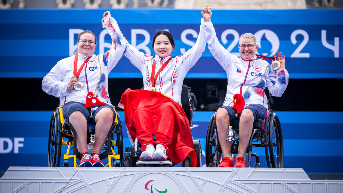 Chen Minyi, Sarka Pultar Musilova, Tereza Brandtlova, Archery Paralympic Games Paris 2024