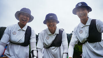 Chinese Taipei recurve women team celebrating.