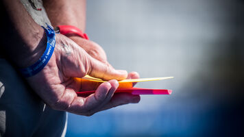 Judge holds cards during the finals.