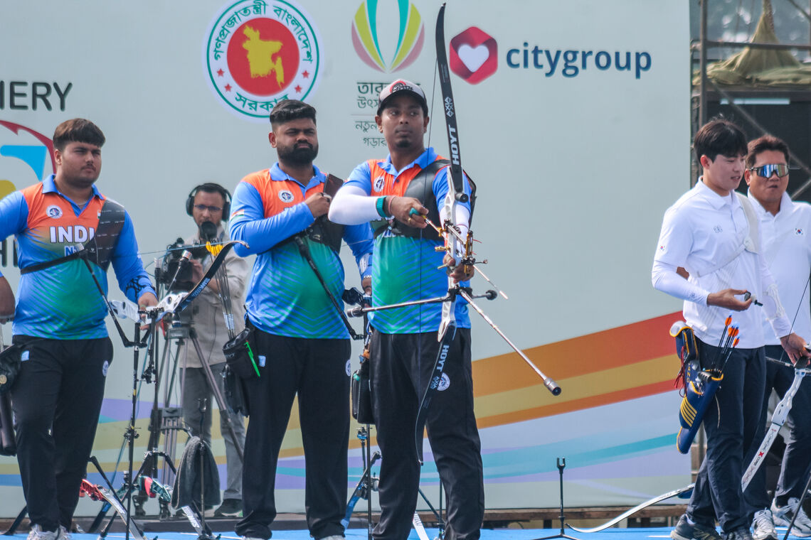 Atanu Das, Rahul and Yashdeep Bhoge won recurve men’s team gold at Dhaka 2025.