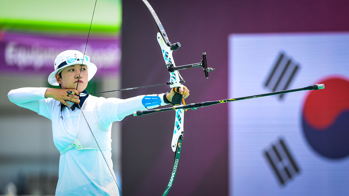 An San shoots during the Asian Cup leg in Gwangju in 2021.