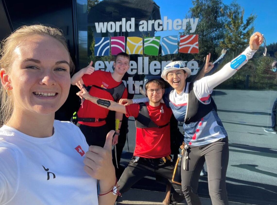 Archers shooting from the World Archery Excellence Centre in Lausanne, Switzerland.