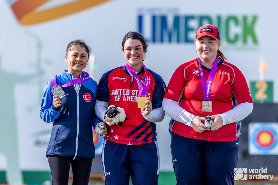 Hazal Burun, Sydney Sullenberger and Hallie Boulton on compound under-21 women’s podium.